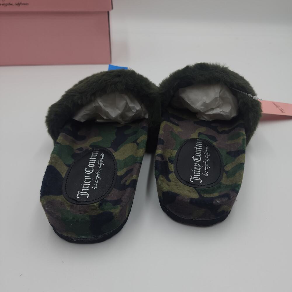 Juicy Couture Slide Slippers Faux Fur JC Siren Green Camo Size 8 - Picture 7 of 9